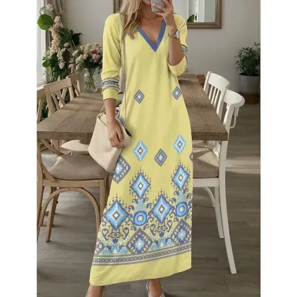 Women's Maxi Dress Casual Dress T Shirt Dress Tee Dress Floral Tribal Pocket Print V Neck Long Dress Maxi Dress Vintage Ethnic Date Vacation Long Sleeve Fall Winter - Image 4