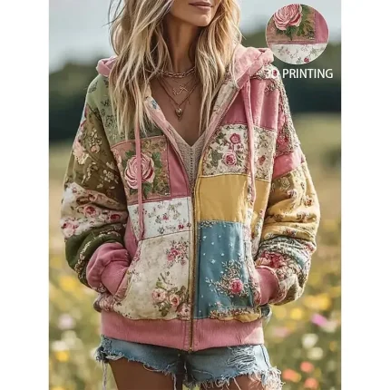 Women's 3D Print Vintage Boho Hoodie Patchwork Hoodie Sweatshirt Floral Zip Up s Floral Punk Active Vintage Long Sleeve Hooded Regular Tops Home Dailywear Casual Pink Red Beige Fall Winter - Image 5