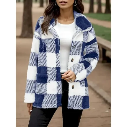 Women's Fleece Jacket Sherpa Jacket Casual Jacket Comfortable Breathable Pocket Buttons Print Casual Plaid Vacation Street Casual Daily Wear Single Breasted Long Turndown Regular Fit Long Sleeve - Image 4