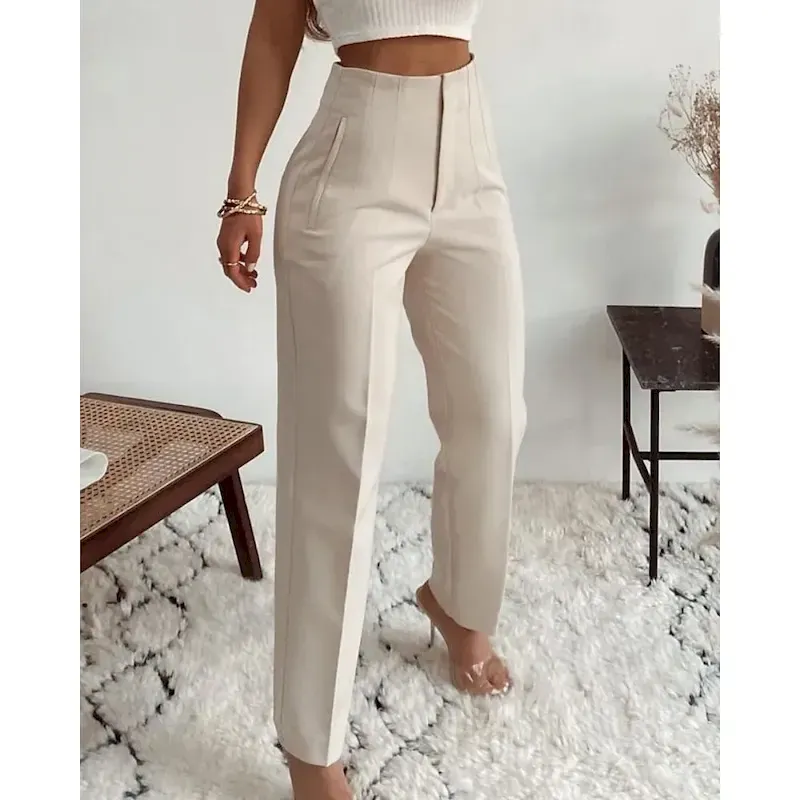 xbbgaa1758270793966.webp Women's Chinos Streetwear Casual Full Length Medium Waist Plain Pocket Elastic Waist Comfortable Inelastic Outdoor Vacation Daily rice white Camel Sapphire Blue White Fall Winter Slim Fit - Image 1