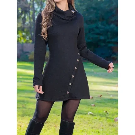 Women's Work Dress New Year's Eve Dress Casual Dress A Line Dress Winter Dress Daily Mini Dress Button Lapel Long Sleeve Plain Slim Black Red Fall - Image 3