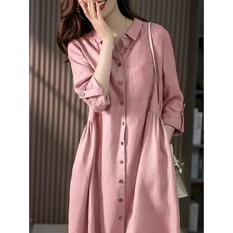 yhalee1739355348437.webp Women's Midi Dress Casual Dress Cotton Linen Dress A Line Dress Basic Casual Vacation Daily Regular Fit Plain 3/4 Length Sleeve Shirt Collar Pink Green Summer Spring Fall - Image 1