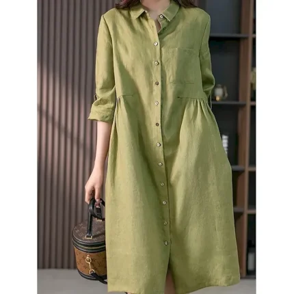 Women's Midi Dress Casual Dress Cotton Linen Dress A Line Dress Basic Casual Vacation Daily Regular Fit Plain 3/4 Length Sleeve Shirt Collar Pink Green Summer Spring Fall - Image 6