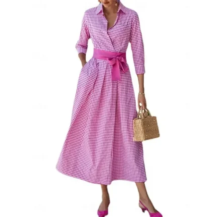 Women's Shirt Dress Casual Dress Maxi long Dress Date Vacation Modern Casual Shirt Collar Lace up Button Long Sleeve Summer Spring Regular Fit Plaid - Image 3