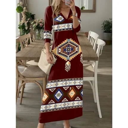 Women's Maxi Dress Casual Dress T Shirt Dress Tee Dress Floral Tribal Pocket Print V Neck Long Dress Maxi Dress Vintage Ethnic Date Vacation Long Sleeve Fall Winter - Image 3