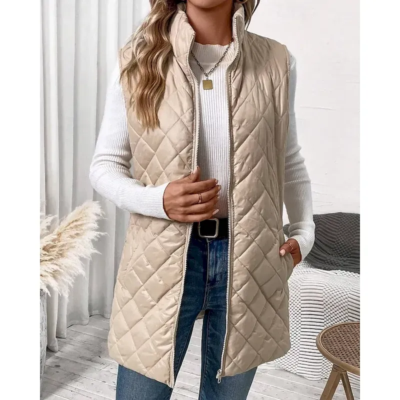 zmhmie1754634042063.webp Women's Vest Warm Comfortable Zipper Pocket Outdoor Casual Plain Holiday Weekend Zipper Long Stand Collar Regular Fit Sleeveless Outerwear Black Apricot Winter - Image 1