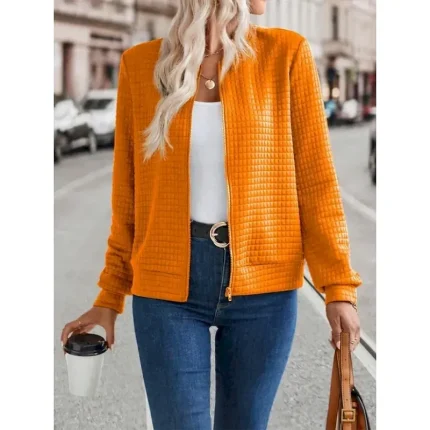 Women's Bomber Jacket Casual Jacket Comfortable Breathable Zipper Casual Plain Vacation Street Casual Daily Wear Zipper Short Stand Collar Regular Fit Long Sleeve Outerwear Black Orange Army Green - Image 5